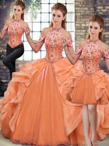 Flare Sleeveless Floor Length Beading and Ruffles Lace Up Sweet 16 Dresses with Orange
