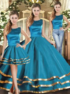 Fitting Floor Length Teal Vestidos de Quinceanera Tulle Sleeveless Ruffled Layers