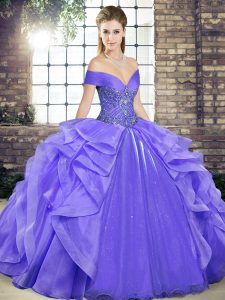 Top Selling Sleeveless Floor Length Beading and Ruffles Lace Up Sweet 16 Dresses with Lavender