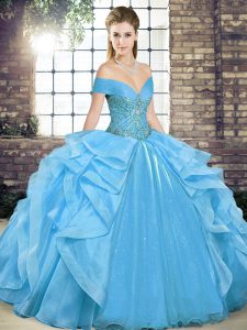 Hot Selling Sleeveless Floor Length Beading and Ruffles Lace Up Quinceanera Dresses with Baby Blue