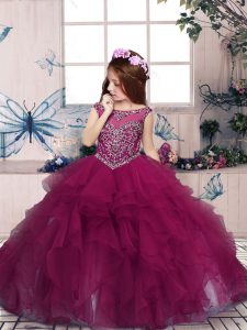 Scoop Sleeveless Little Girls Pageant Gowns Floor Length Beading and Ruffles Fuchsia Organza