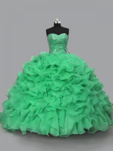 Popular Green Lace Up Halter Top Beading and Ruffles Sweet 16 Dresses Organza Sleeveless