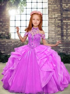 Dazzling Sleeveless Organza Floor Length Lace Up Little Girls Pageant Dress Wholesale in Lilac with Beading