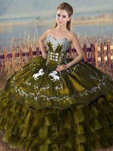 Olive Green Sweetheart Lace Up Embroidery and Ruffles Vestidos de Quinceanera Sleeveless