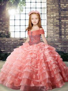 Ball Gowns Sleeveless Watermelon Red Little Girl Pageant Gowns Brush Train Lace Up