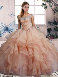 Hot Sale Floor Length Lace Up Sweet 16 Quinceanera Dress Pink for Military Ball and Sweet 16 and Quinceanera with Beading and Ruffles