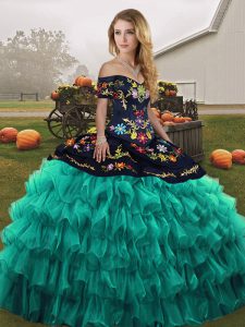 Turquoise Lace Up Off The Shoulder Embroidery and Ruffled Layers Vestidos de Quinceanera Organza Sleeveless