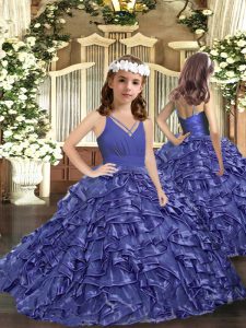 Attractive Lavender Child Pageant Dress Party and Sweet 16 and Wedding Party with Ruffles V-neck Sleeveless Zipper