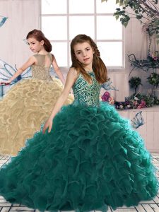 Enchanting Turquoise Organza Lace Up Kids Pageant Dress Sleeveless Floor Length Beading and Ruffles