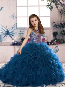 Customized Beading and Ruffles Little Girl Pageant Gowns Navy Blue Lace Up Sleeveless Floor Length