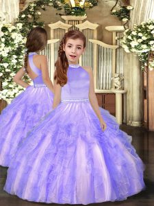 Floor Length Lavender Pageant Dress for Teens Tulle Sleeveless Beading and Ruffles