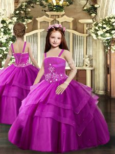 Fuchsia Sleeveless Floor Length Beading and Ruching Lace Up Little Girls Pageant Dress