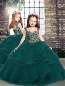 Low Price Straps Sleeveless Lace Up Child Pageant Dress Peacock Green Tulle