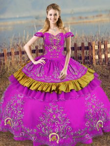 Purple Sleeveless Floor Length Embroidery Lace Up Ball Gown Prom Dress