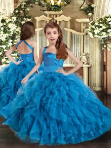 Dramatic Floor Length Ball Gowns Sleeveless Blue Pageant Dress Womens Lace Up