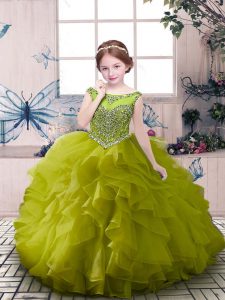 Super Floor Length Zipper Child Pageant Dress Olive Green for Party and Sweet 16 and Wedding Party with Beading and Ruffles