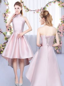 Smart Baby Pink Halter Top Neckline Ruching Vestidos de Damas Sleeveless Lace Up