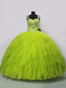 Ball Gowns Sweet 16 Dress Yellow Green Straps Tulle Sleeveless Floor Length Lace Up