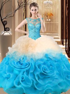 Multi-color Ball Gowns Scoop Sleeveless Fabric With Rolling Flowers Floor Length Lace Up Beading and Ruffles Vestidos de Quinceanera