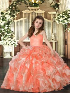 Elegant Organza Straps Sleeveless Lace Up Ruffles Little Girls Pageant Dress in Peach