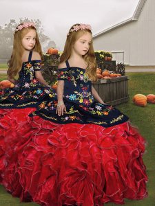 Red Ball Gowns Straps Sleeveless Organza Floor Length Lace Up Embroidery and Ruffles Little Girls Pageant Gowns