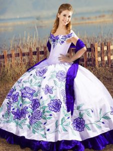Off The Shoulder Sleeveless Lace Up Quinceanera Gown White And Purple Satin and Organza