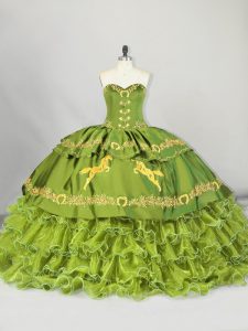 Extravagant Sleeveless Satin and Organza Brush Train Lace Up Ball Gown Prom Dress in Olive Green with Embroidery and Ruffled Layers