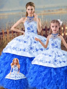 High Class Blue And White Lace Up Halter Top Embroidery and Ruffles Quinceanera Dresses Organza Sleeveless Court Train