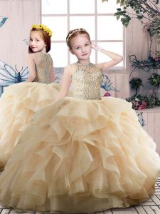 Perfect Champagne Sleeveless Floor Length Beading and Ruffles Zipper Kids Formal Wear