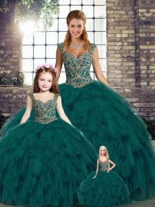 Customized Peacock Green Sleeveless Beading and Ruffles Floor Length 15th Birthday Dress