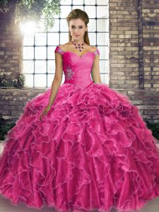 Admirable Organza Sleeveless Vestidos de Quinceanera Brush Train and Beading and Ruffles