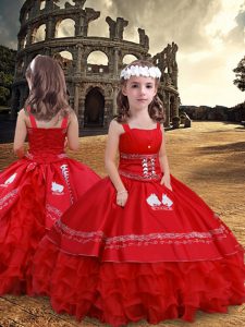 High Quality Floor Length Zipper Pageant Gowns For Girls Red for Wedding Party with Embroidery and Ruffled Layers