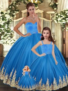 Blue Sweetheart Neckline Embroidery Quince Ball Gowns Sleeveless Lace Up