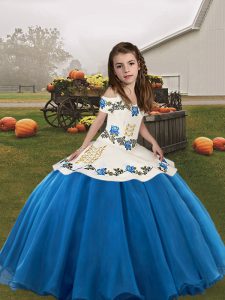 Straps Sleeveless Lace Up Child Pageant Dress Blue Organza