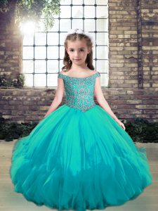 Tulle Sleeveless Floor Length Little Girl Pageant Dress and Beading