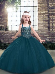 Gorgeous Ball Gowns Little Girl Pageant Dress Teal Straps Tulle Long Sleeves Floor Length Lace Up