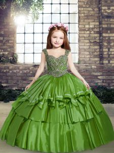 Popular Green Lace Up Pageant Gowns For Girls Beading Sleeveless Floor Length