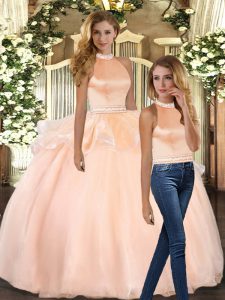 Halter Top Sleeveless Organza Ball Gown Prom Dress Beading Backless