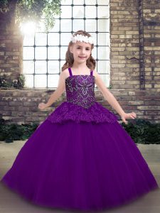 Latest Purple Ball Gowns Tulle Straps Sleeveless Beading Floor Length Lace Up Child Pageant Dress
