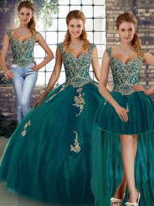 Peacock Green Lace Up Sweet 16 Dresses Beading and Appliques Sleeveless Floor Length