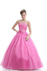 Strapless Sleeveless Sweet 16 Dress Floor Length Embroidery Rose Pink Organza