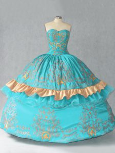 Stunning Aqua Blue Sweetheart Lace Up Embroidery and Bowknot Quinceanera Gown Sleeveless