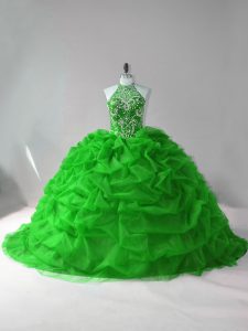 Luxurious Ball Gowns Sleeveless Green Vestidos de Quinceanera Court Train Lace Up