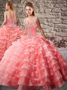 Traditional Watermelon Red 15 Quinceanera Dress Organza Court Train Sleeveless Beading and Ruffled Layers