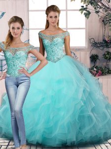 Decent Sleeveless Floor Length Beading and Ruffles Lace Up Sweet 16 Dress with Aqua Blue