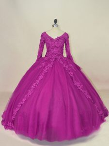 Long Sleeves Tulle Floor Length Lace Up Quinceanera Gowns in Fuchsia with Lace and Appliques