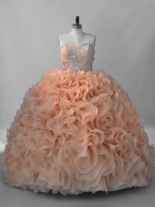 Vintage Peach Quinceanera Dress Sweet 16 and Quinceanera with Beading Sweetheart Sleeveless Brush Train Lace Up