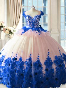 Inexpensive Blue And White Quince Ball Gowns Tulle Brush Train Sleeveless Hand Made Flower