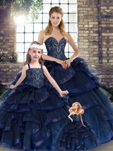 Hot Sale Navy Blue Ball Gowns Sweetheart Sleeveless Tulle Floor Length Lace Up Beading and Ruffles 15 Quinceanera Dress