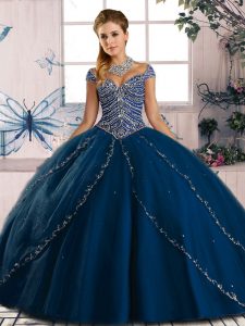 Vintage Blue Lace Up Sweetheart Beading Sweet 16 Dresses Tulle Cap Sleeves Brush Train